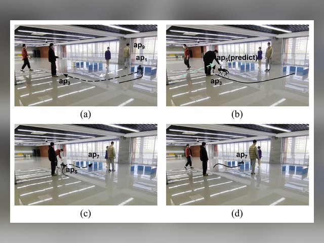 Figure 14 from Fast Motion Planning, showing the quadruped robot experiment sequence